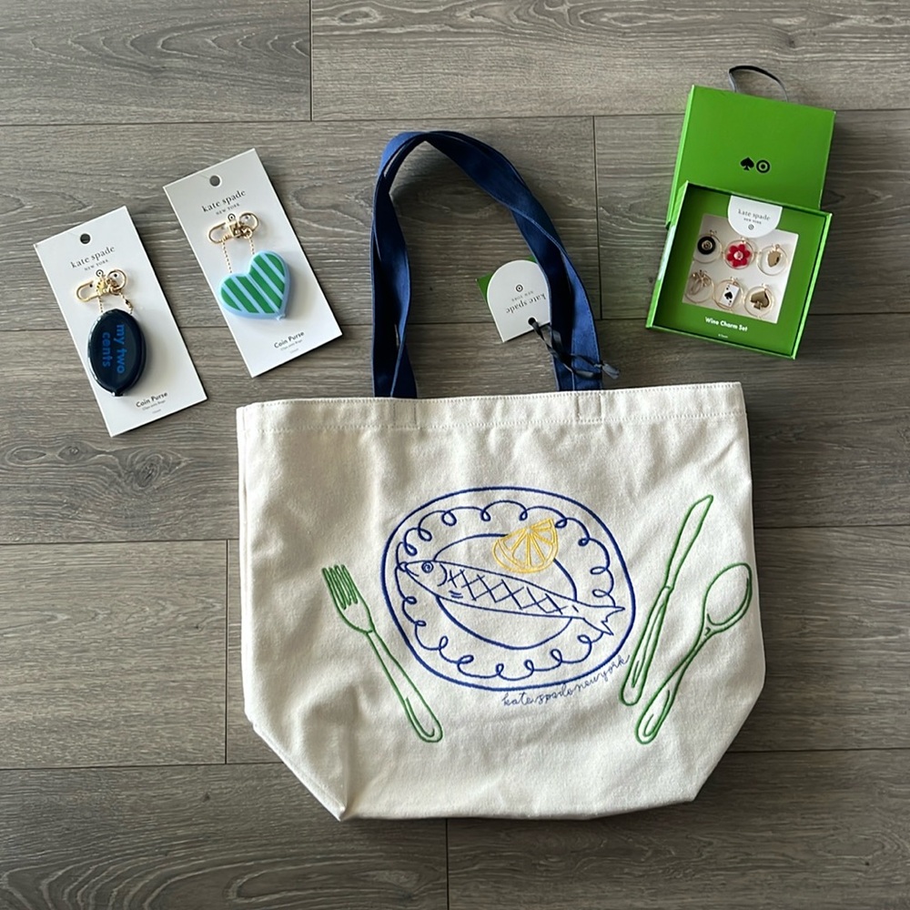 NWT Kate Spade x Target Fish Canvas Tote, Two Coin Purses & Wine Charms